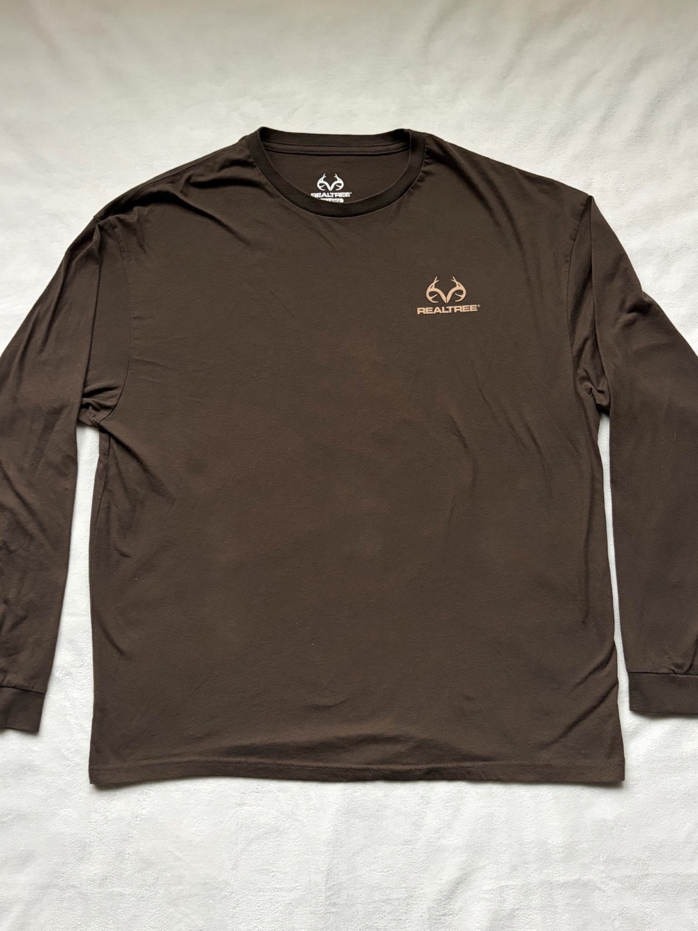 Realtree Long Sleeve Crewneck Shirt in Dark Brown with Tan Logo
